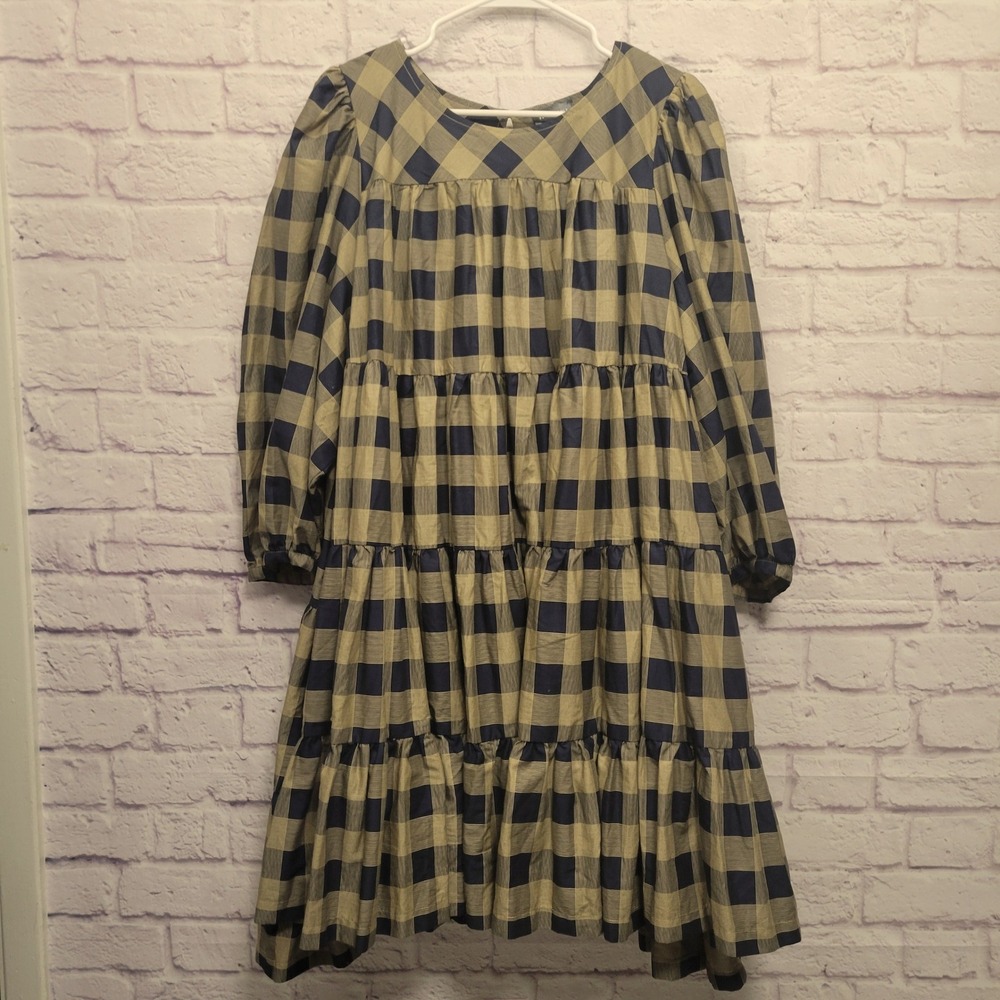 Summersalt Tiered Plaid Midi Dress‎ Size 2X Midnight Toffee Puff Sleeves Cottage